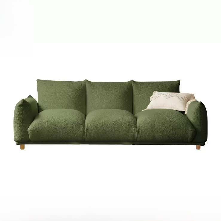 Japanese Wabi-Sabi cream U-shaped sofa with white faux lamb wool fabric and pine wood frame