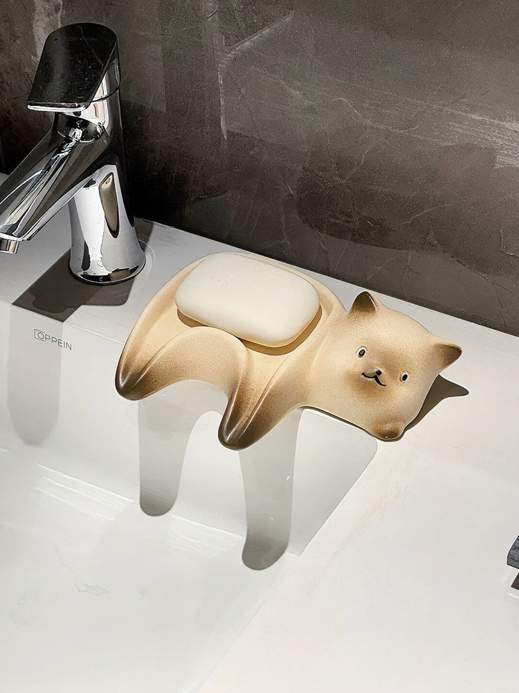Ceramic cat soap dish with Siamese cat design and drainage grooves for bathroom vanity