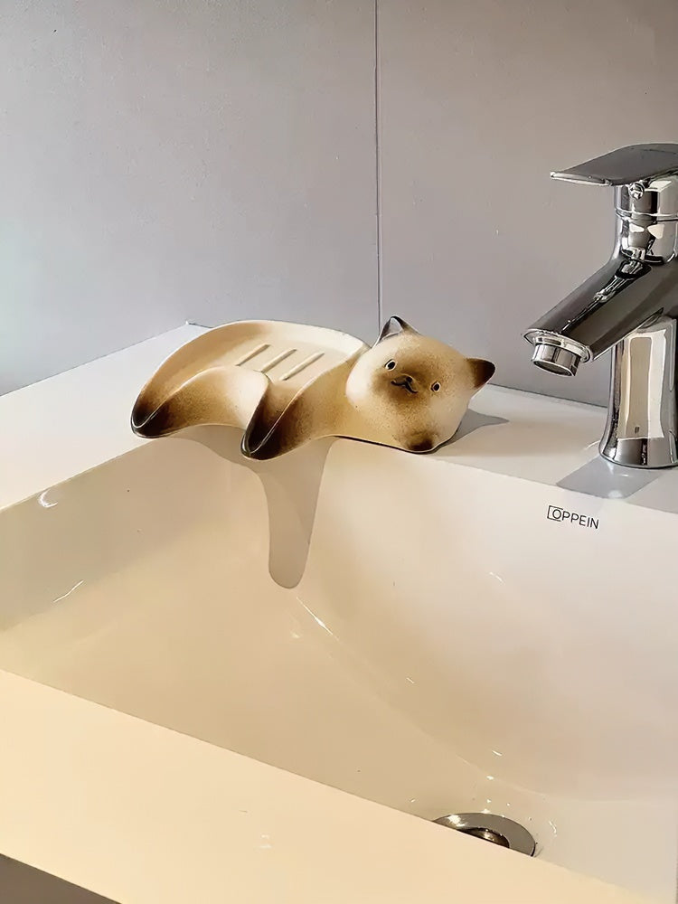 Ceramic cat soap dish with Siamese cat design and drainage grooves for bathroom vanity
