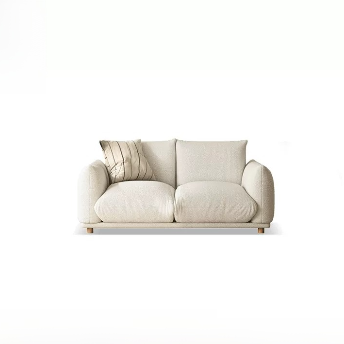 Cream Japanese Wabi-Sabi U-shaped sofa with white faux lamb wool fabric and plush cushioning