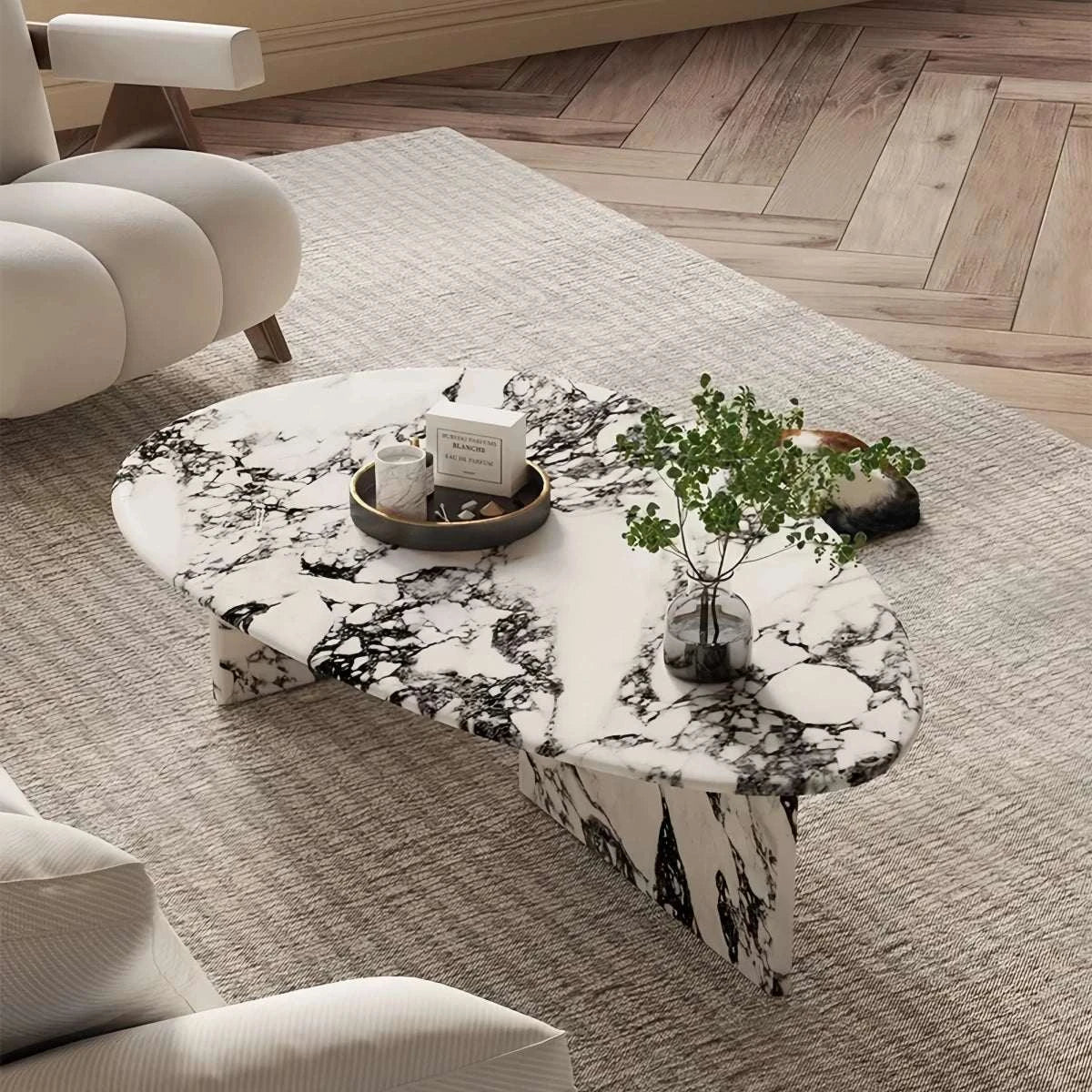 Cream retro Bulgari marble oval irregular coffee table with natural veining for small living rooms
