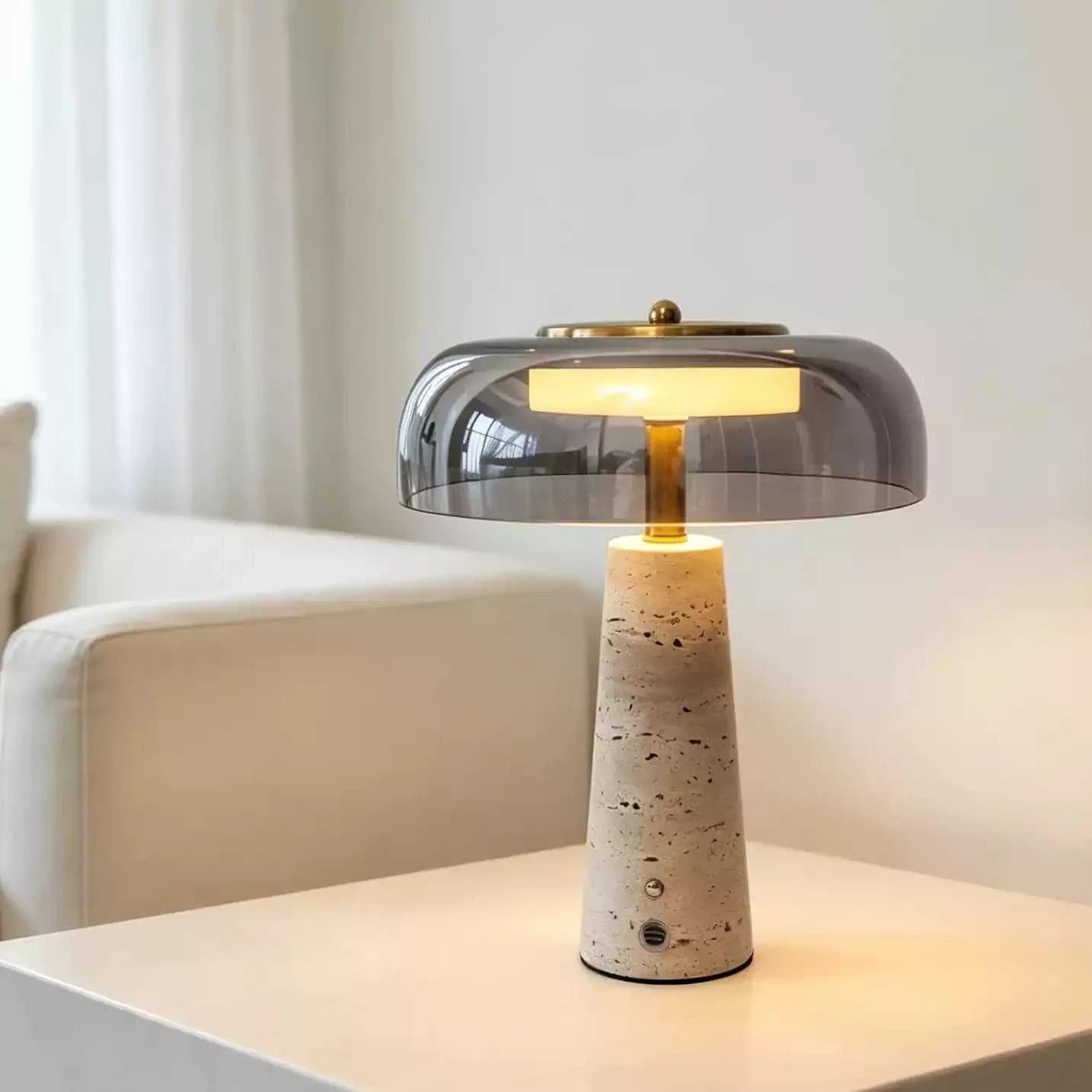 Portable rechargeable travertine stone table lamp with warm ambient LED light for bedroom and living room