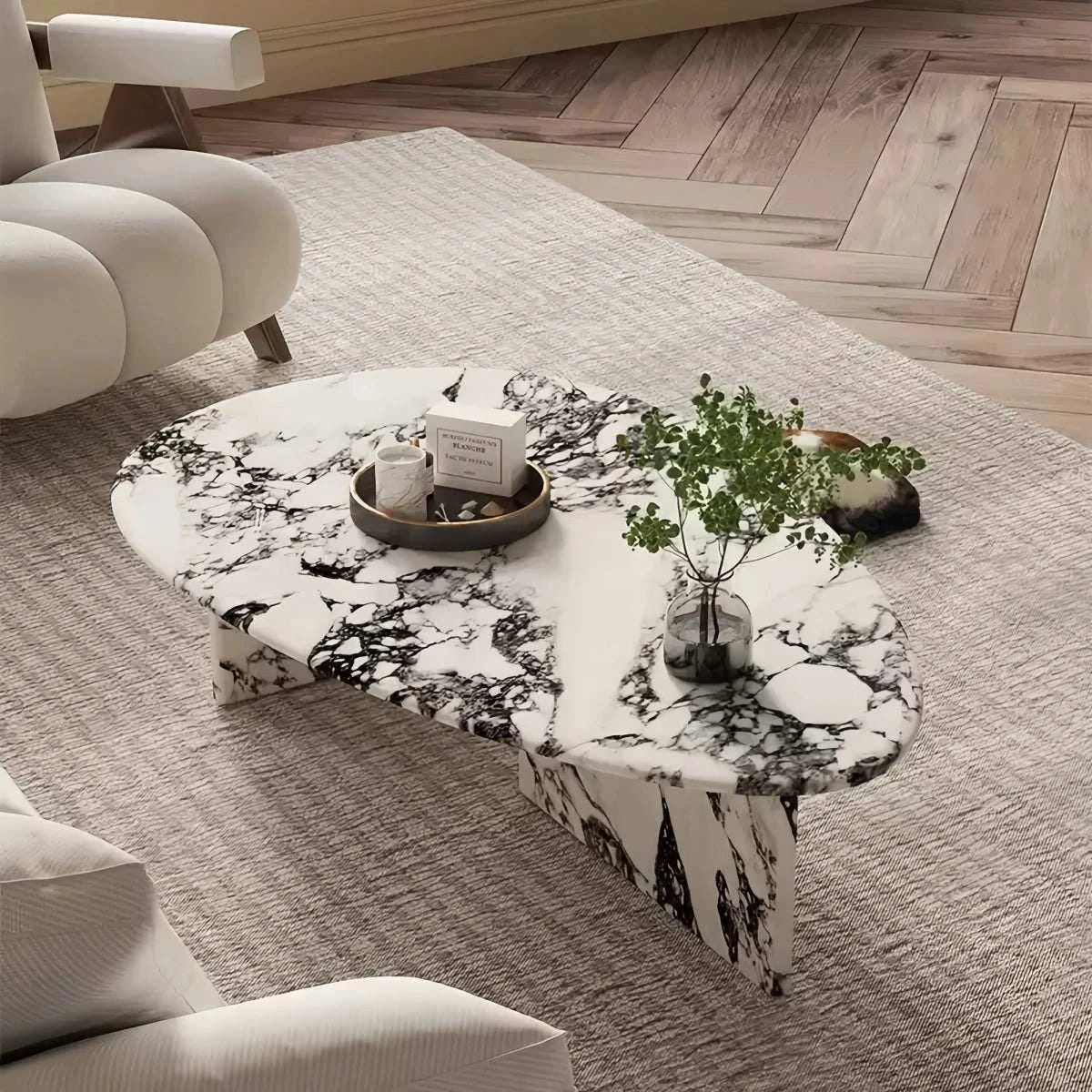 Cream retro Bulgari marble oval irregular coffee table for small living room with unique natural veining