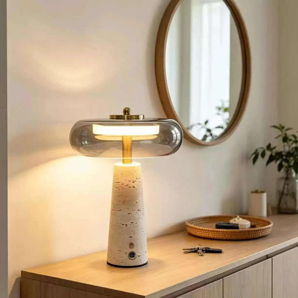 Portable rechargeable travertine stone table lamp with warm ambient LED light for bedroom and living room decor