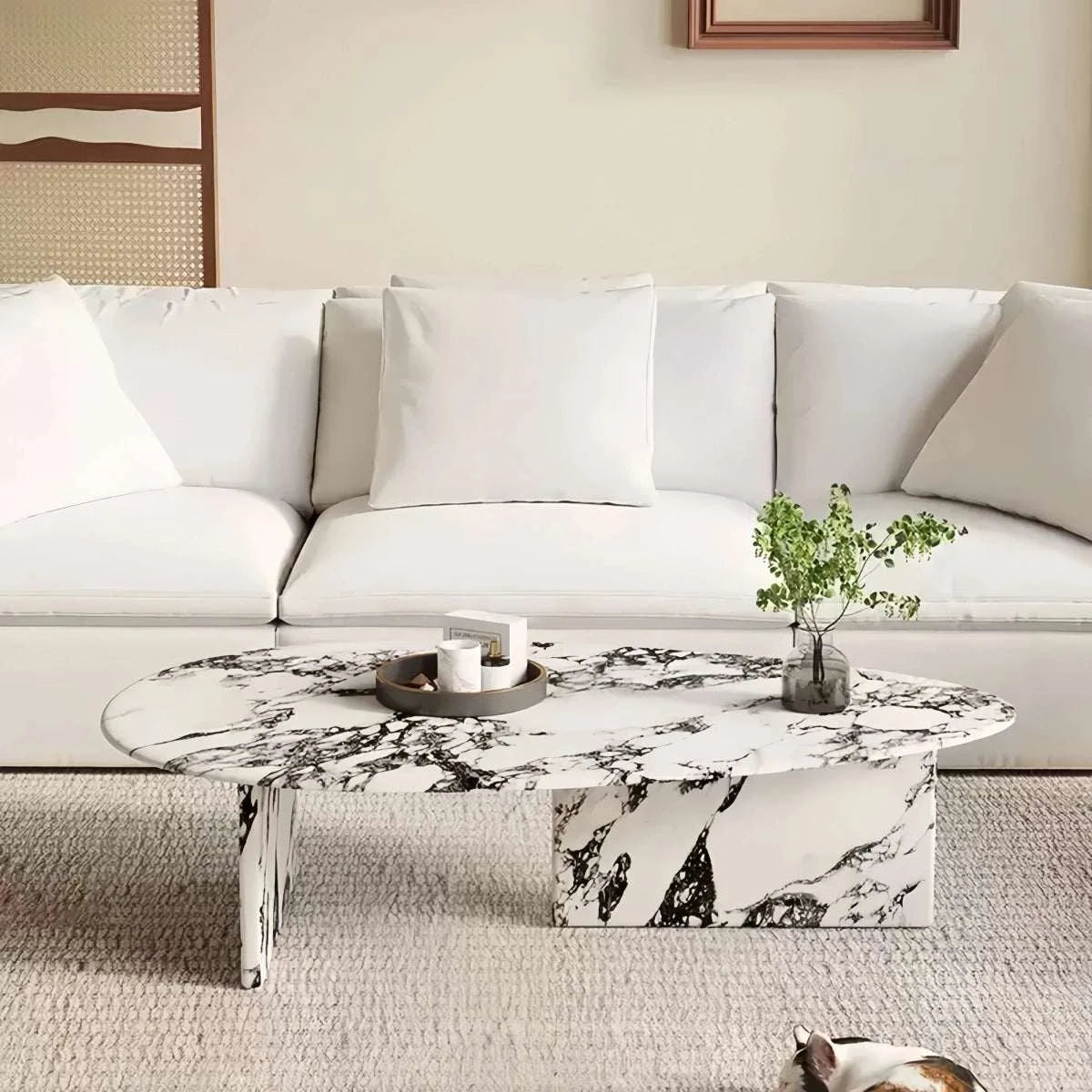 Cream retro Bulgari marble oval irregular coffee table with unique natural stone veining for small living room