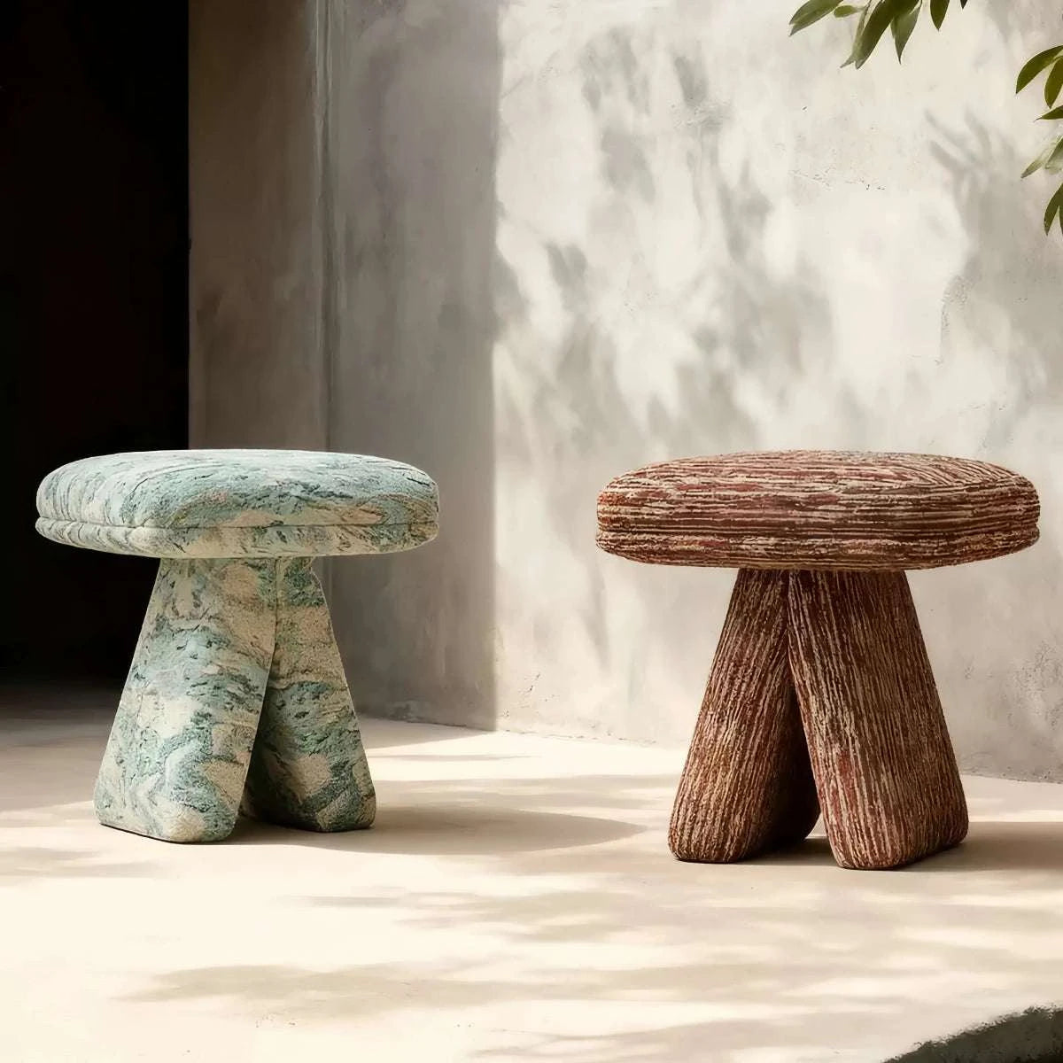 Nordic designer accent stool with textured fabric upholstery and three-leg design for living room and bedroom
