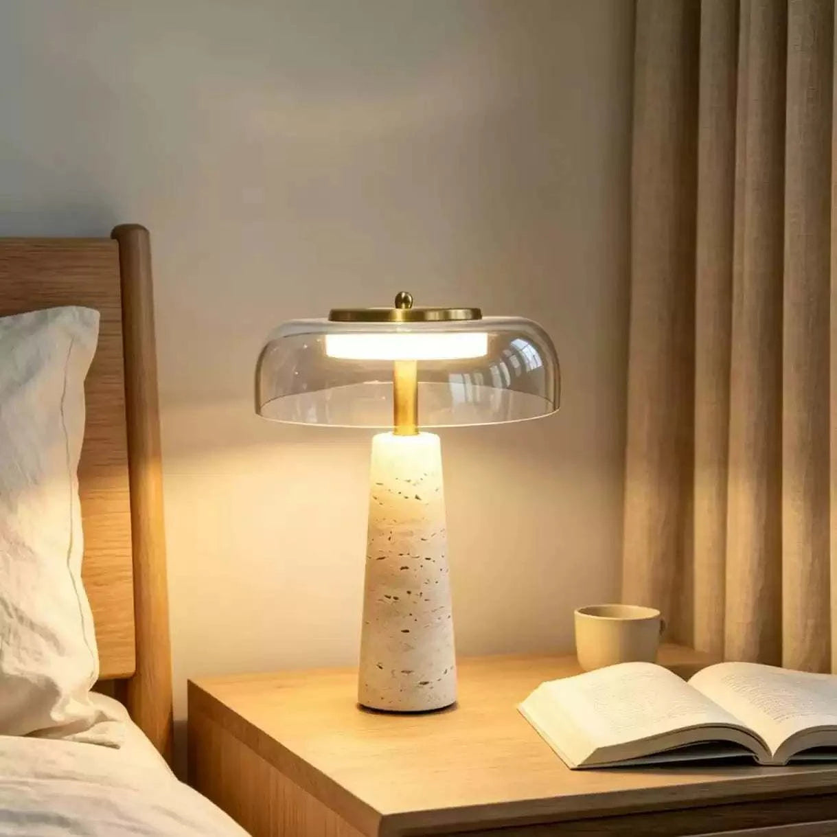 Portable rechargeable travertine table lamp with soft warm LED ambient light for bedroom and living room decor