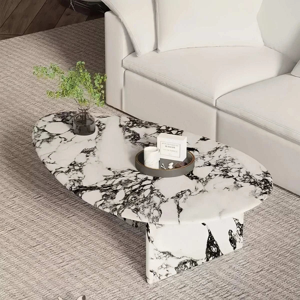 Oval irregular cream retro Bulgari marble coffee table with unique veining for small living room