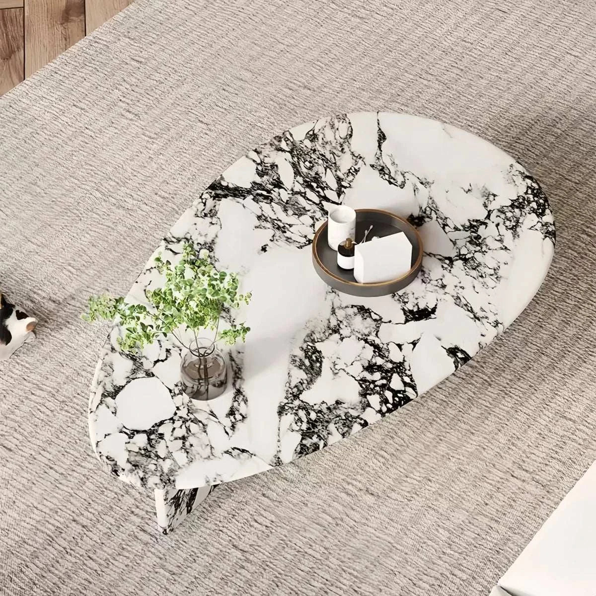 Cream retro Bulgari marble oval irregular coffee table with natural veining for small living rooms