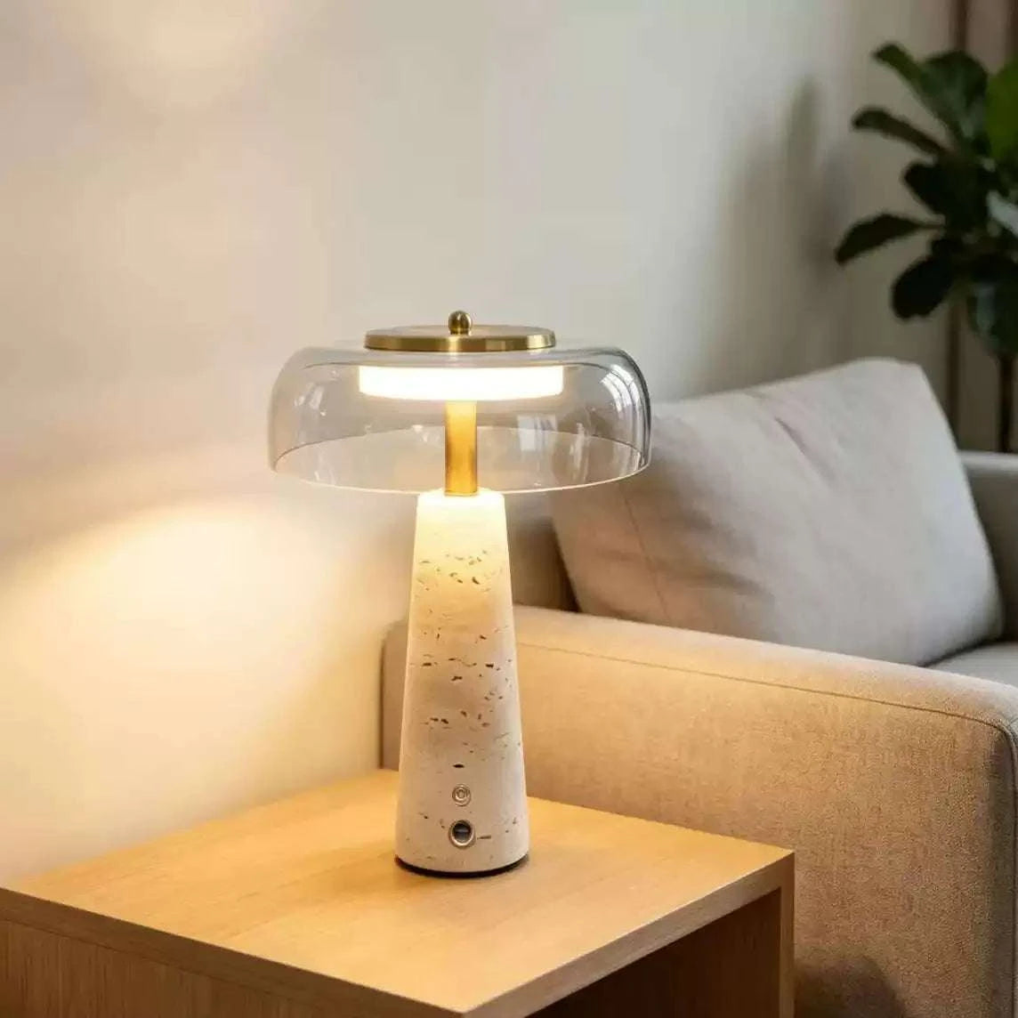 Portable rechargeable travertine table lamp with warm ambient LED lighting for bedroom and living room