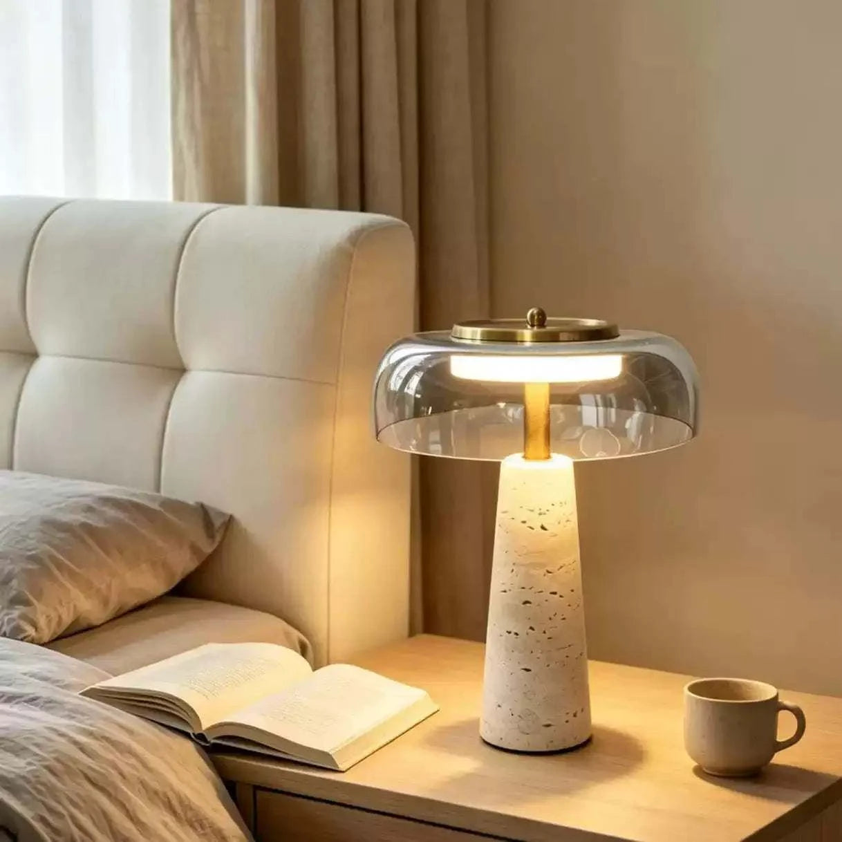 Portable rechargeable travertine table lamp with warm LED light for bedroom and living room ambient lighting