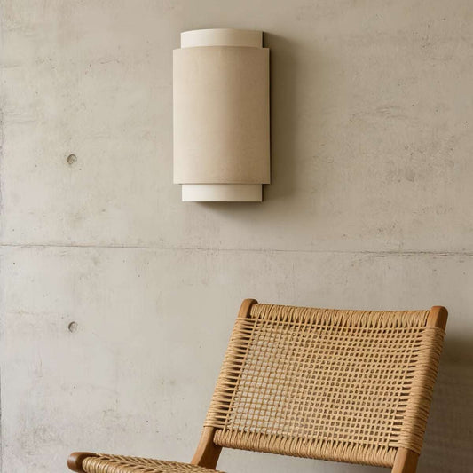 Minimalist Wabi-Sabi wall lamp with linen fabric shade and warm ambient light for modern Nordic interiors