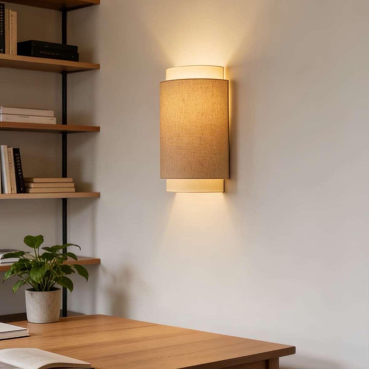 Wabi-Sabi wall lamp with minimalist linen fabric shade and warm ambient lighting for Nordic and modern interiors