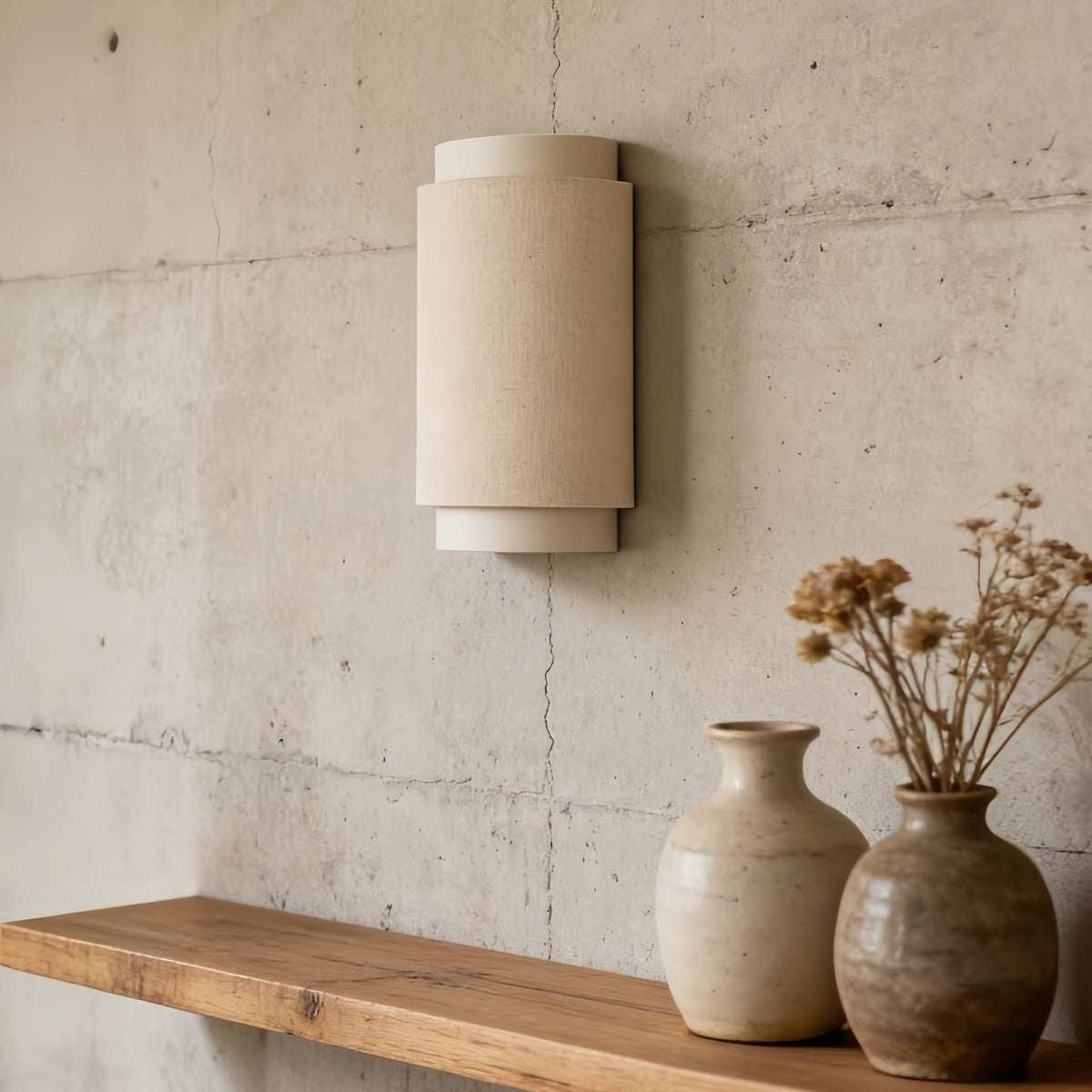 Wabi-Sabi wall lamp with linen fabric shade and minimalist Nordic design providing warm ambient light