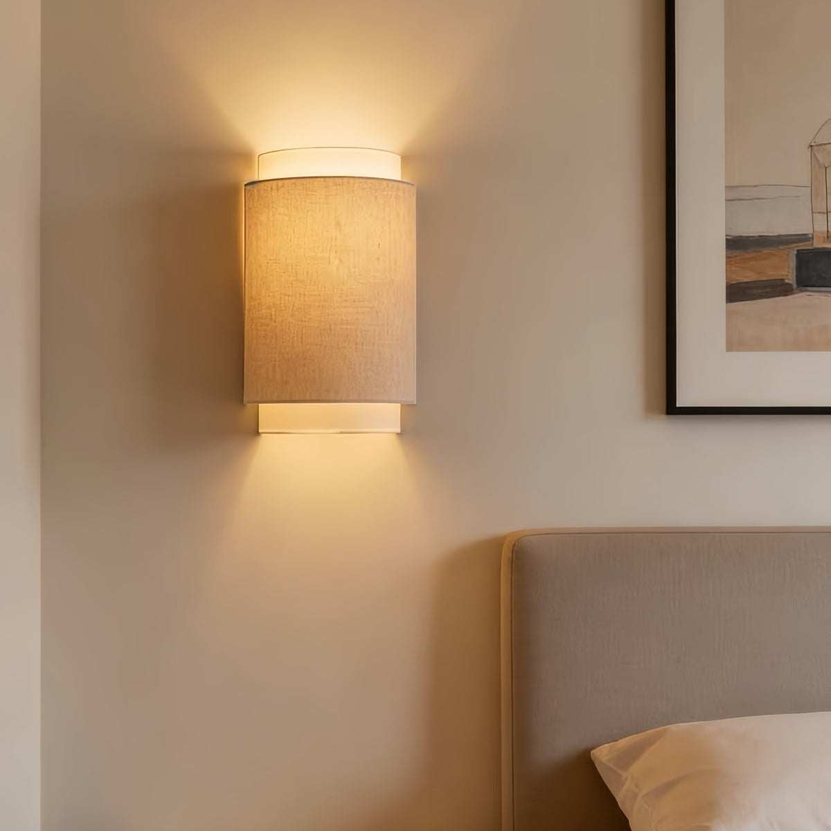 Minimalist Wabi-Sabi wall lamp with linen fabric shade for warm ambient Nordic and modern lighting