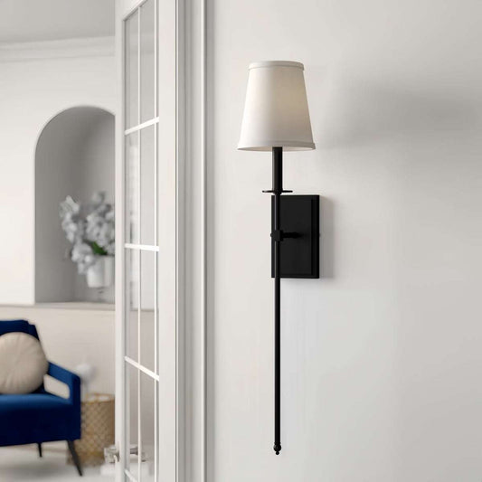 Black long-arm wall lamp with adjustable arm and minimalist Nordic design in sleek black iron finish