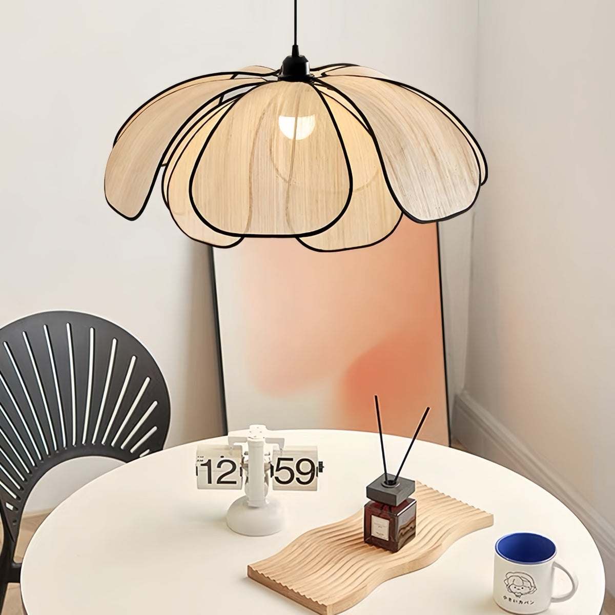 Cream-style pendant light with plant fiber shade and metal base in Nordic minimalist design for dining room