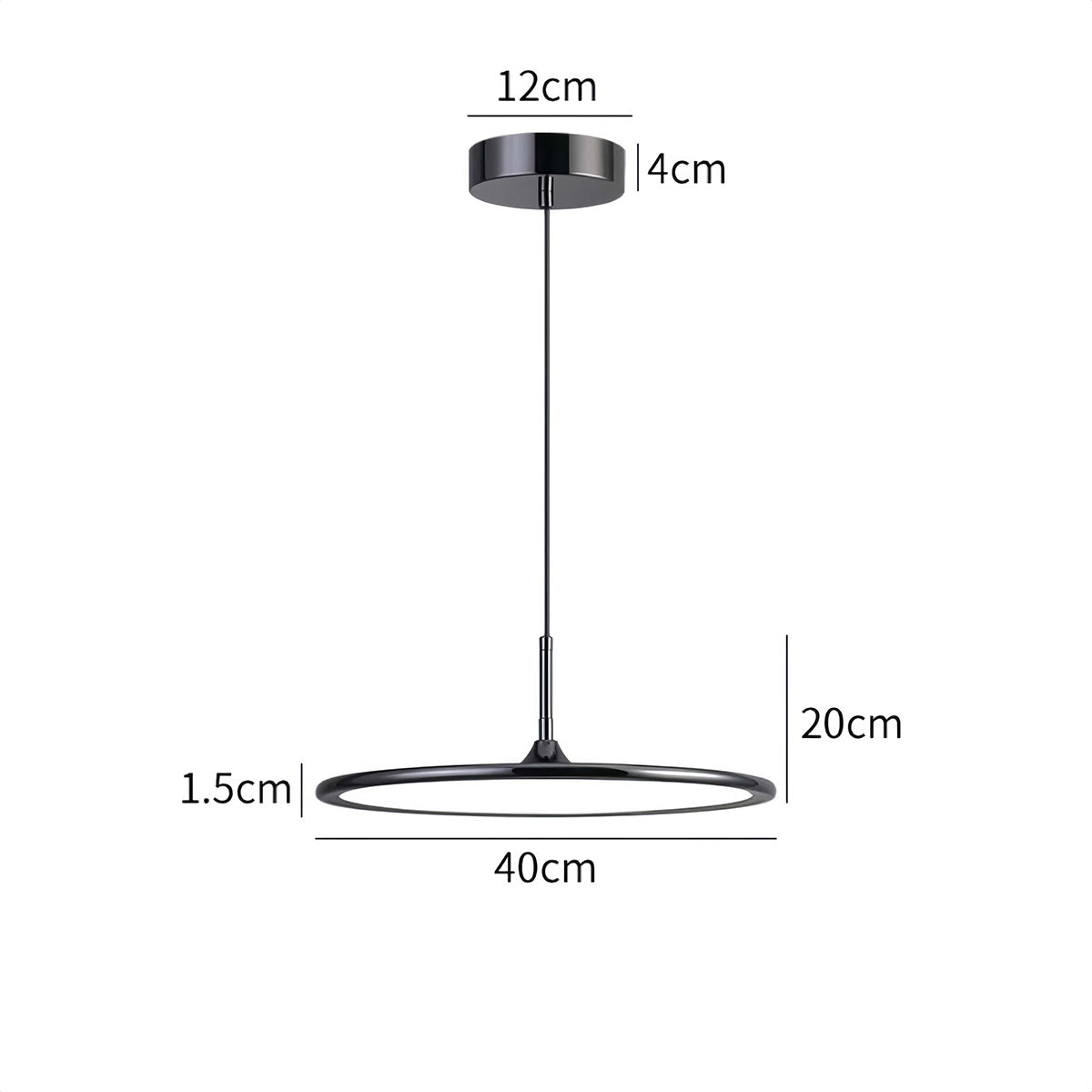 Minimalist dining pendant light with black circular frame, adjustable cord, and modern slim design.