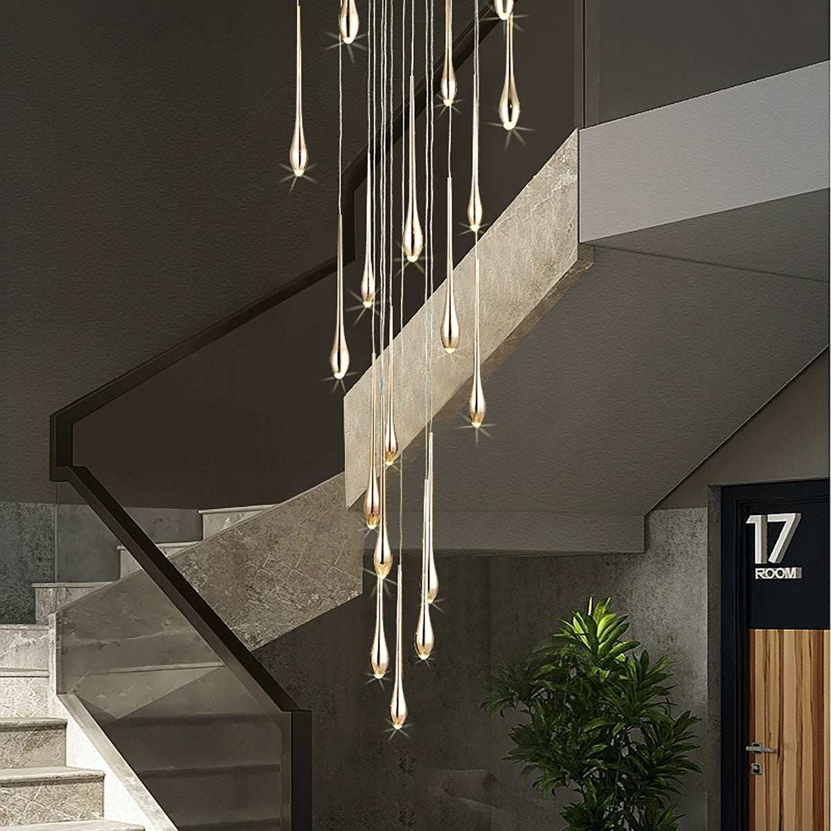 Minimalist LED chandelier with teardrop shapes hanging in modern duplex staircase lighting
