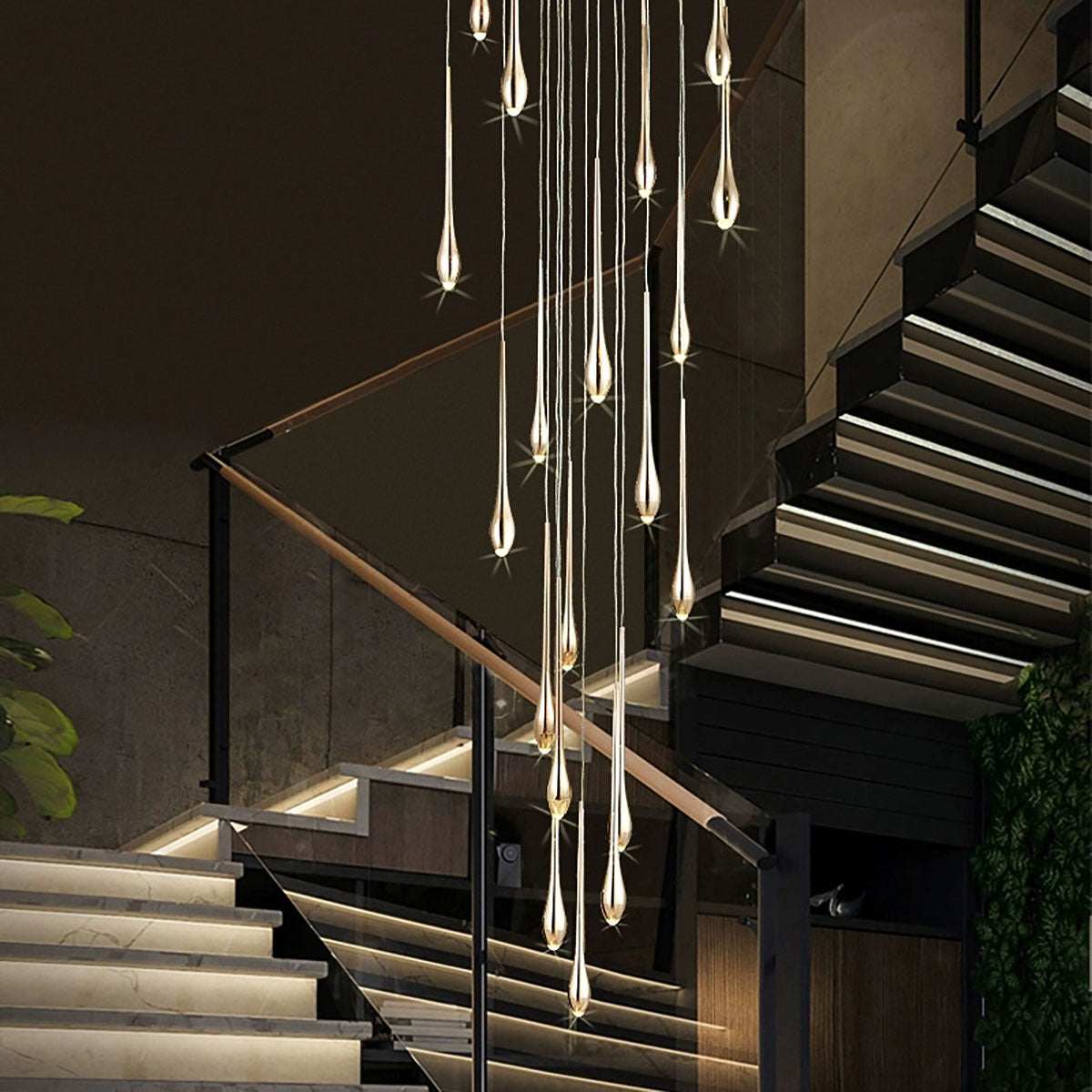 Minimalist LED chandelier with teardrop-shaped lights hanging in modern staircase area