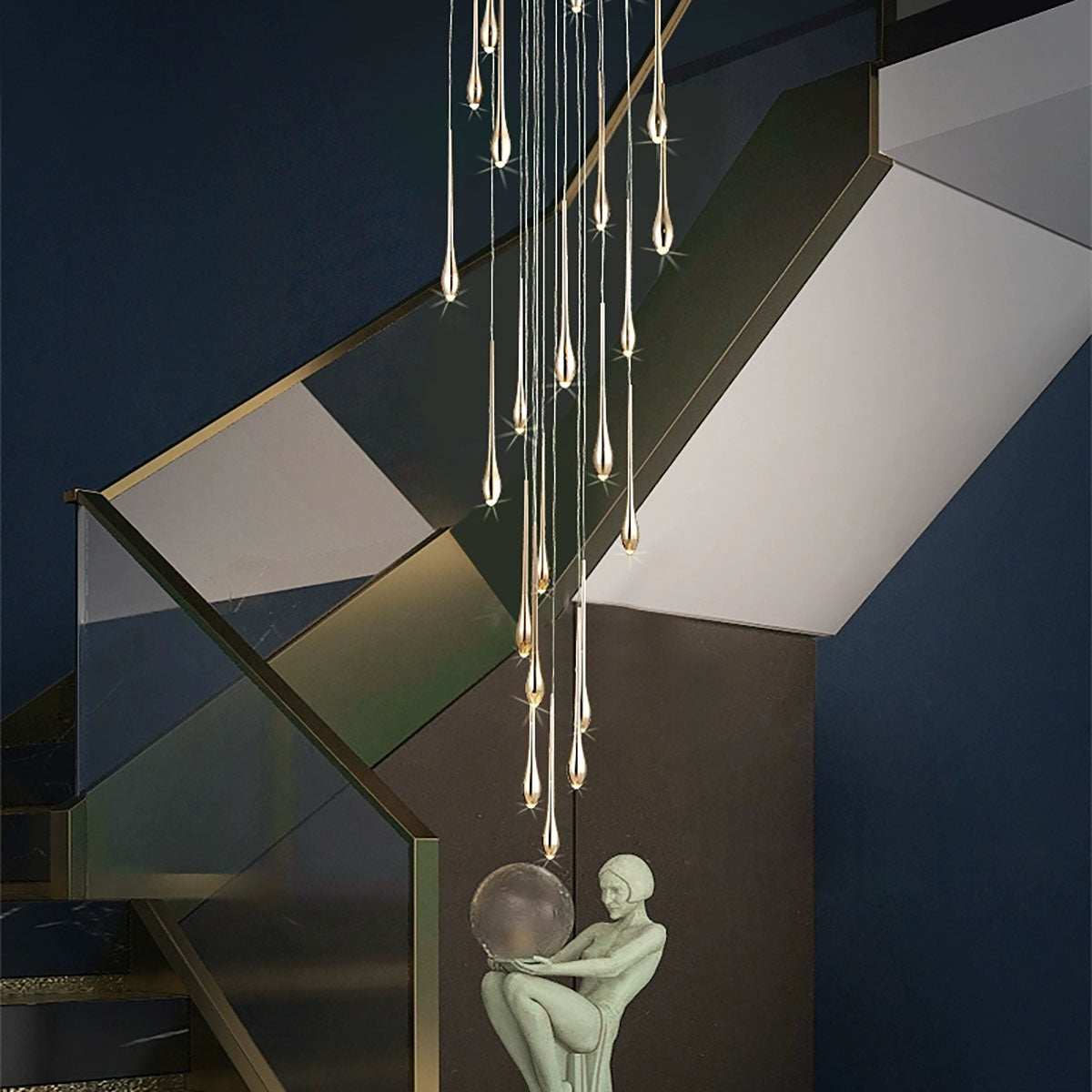 Minimalist LED chandelier with teardrop-shaped lights hanging over modern staircase in living room