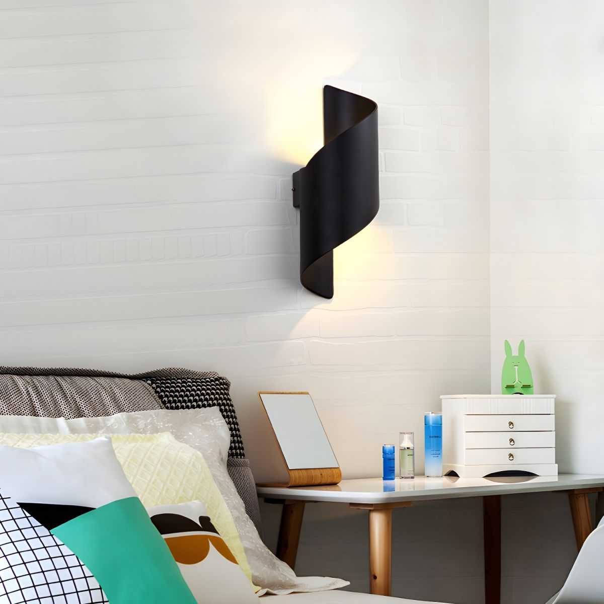 Postmodern unique black metal sconce light with dual LED ambient lights mounted on bedroom wall above nightstand