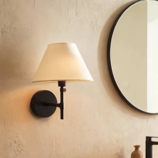 Wabi-Sabi Wall Sconce with linen shade and warm vintage lighting for cozy home decor