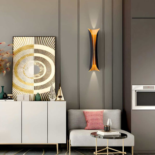 modern curl sconce light bulbs black metallic indoor wall lamp illuminating living room wall