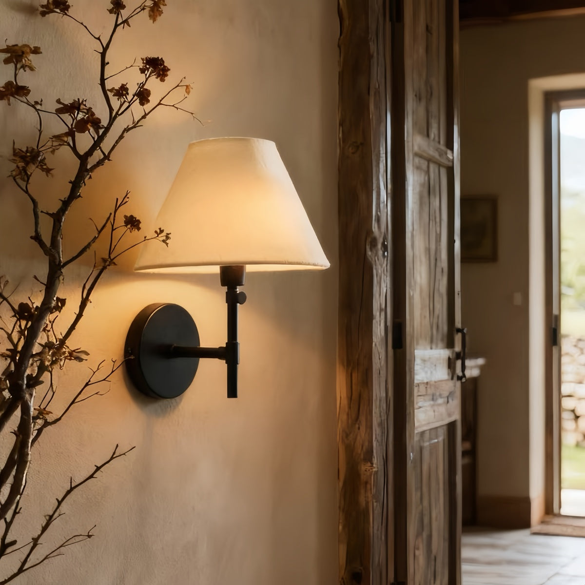 Wabi-Sabi wall sconce with vintage linen shade and warm ambient light for bedrooms and hallways