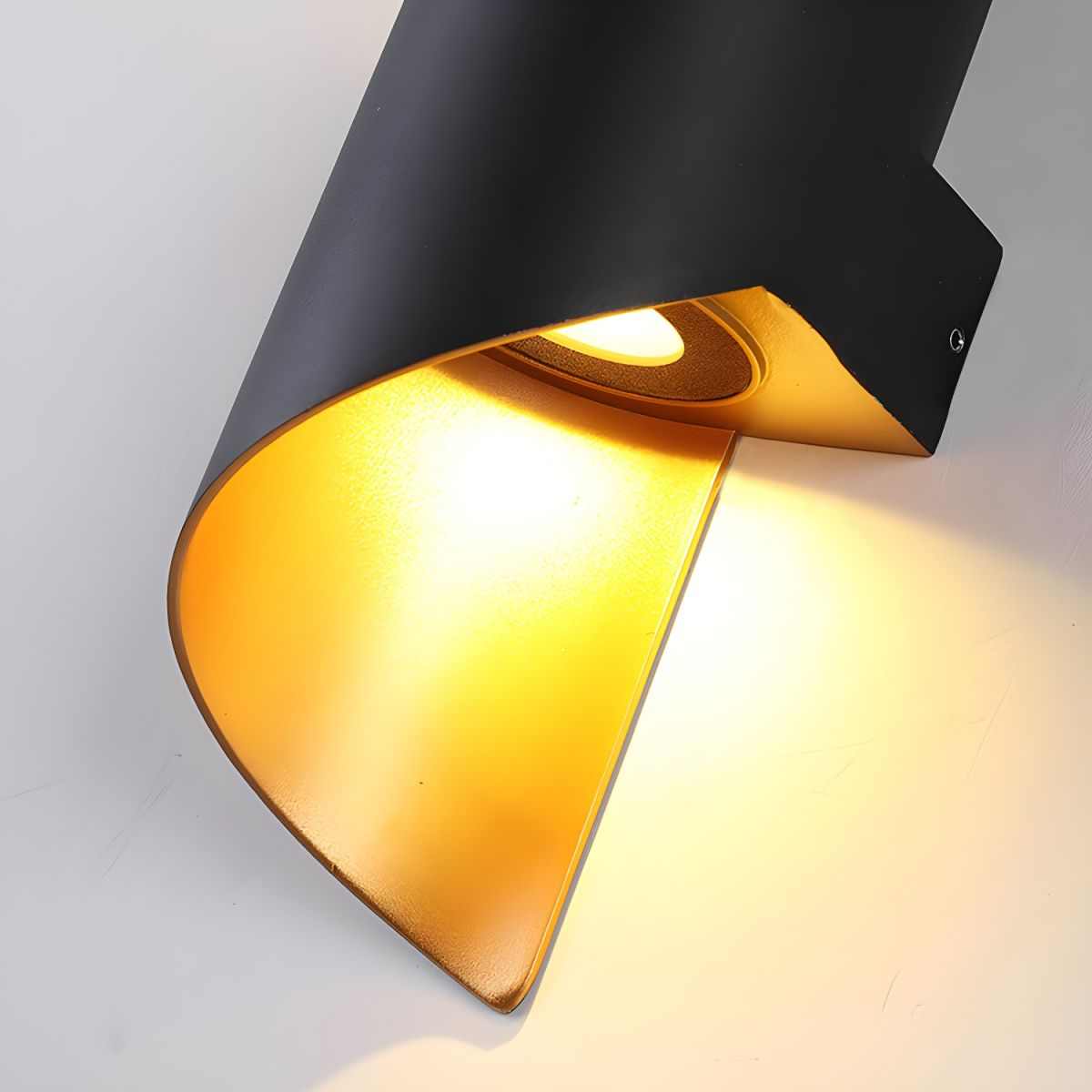 Postmodern unique sconce light with dual LED bulbs in black and gold metal design for ambient indoor lighting