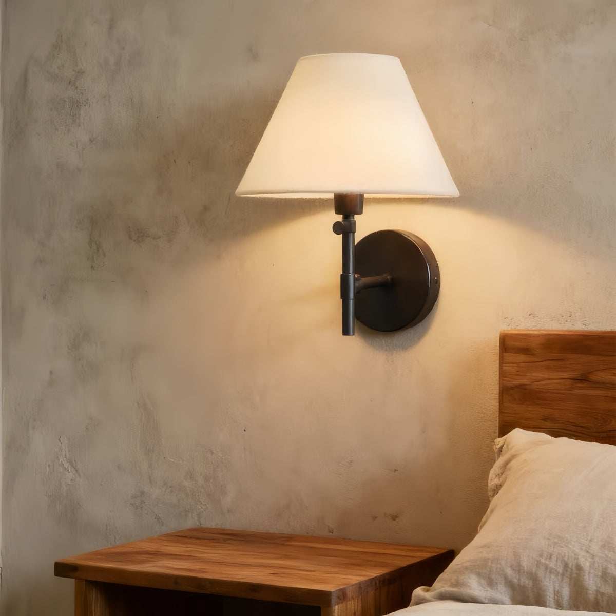 Wabi-Sabi Wall Sconce with vintage linen fabric shade and warm ambient light
