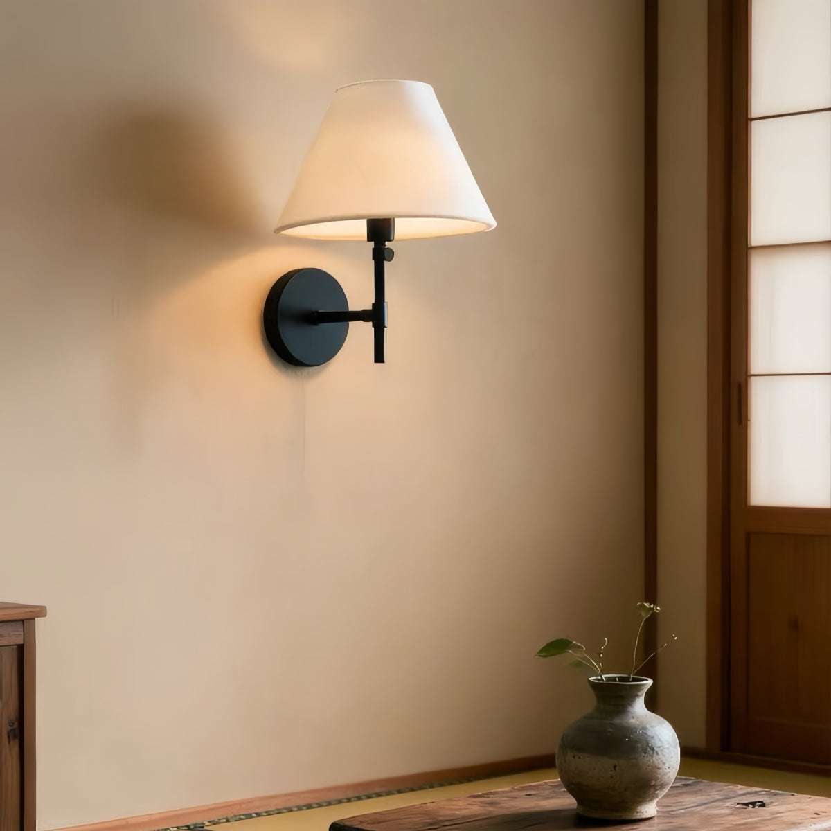 Wabi-Sabi Wall Sconce vintage linen fabric shade warm ambient light bedroom hallway decor
