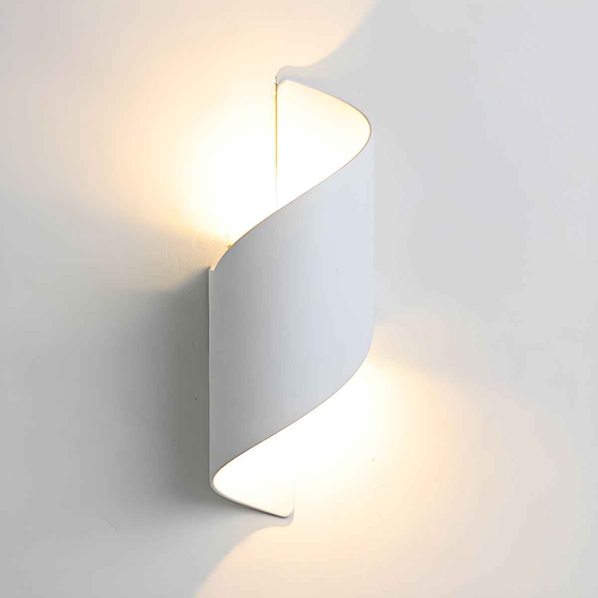 postmodern unique sconce light with white aluminum shade and ambient LED lighting on wall