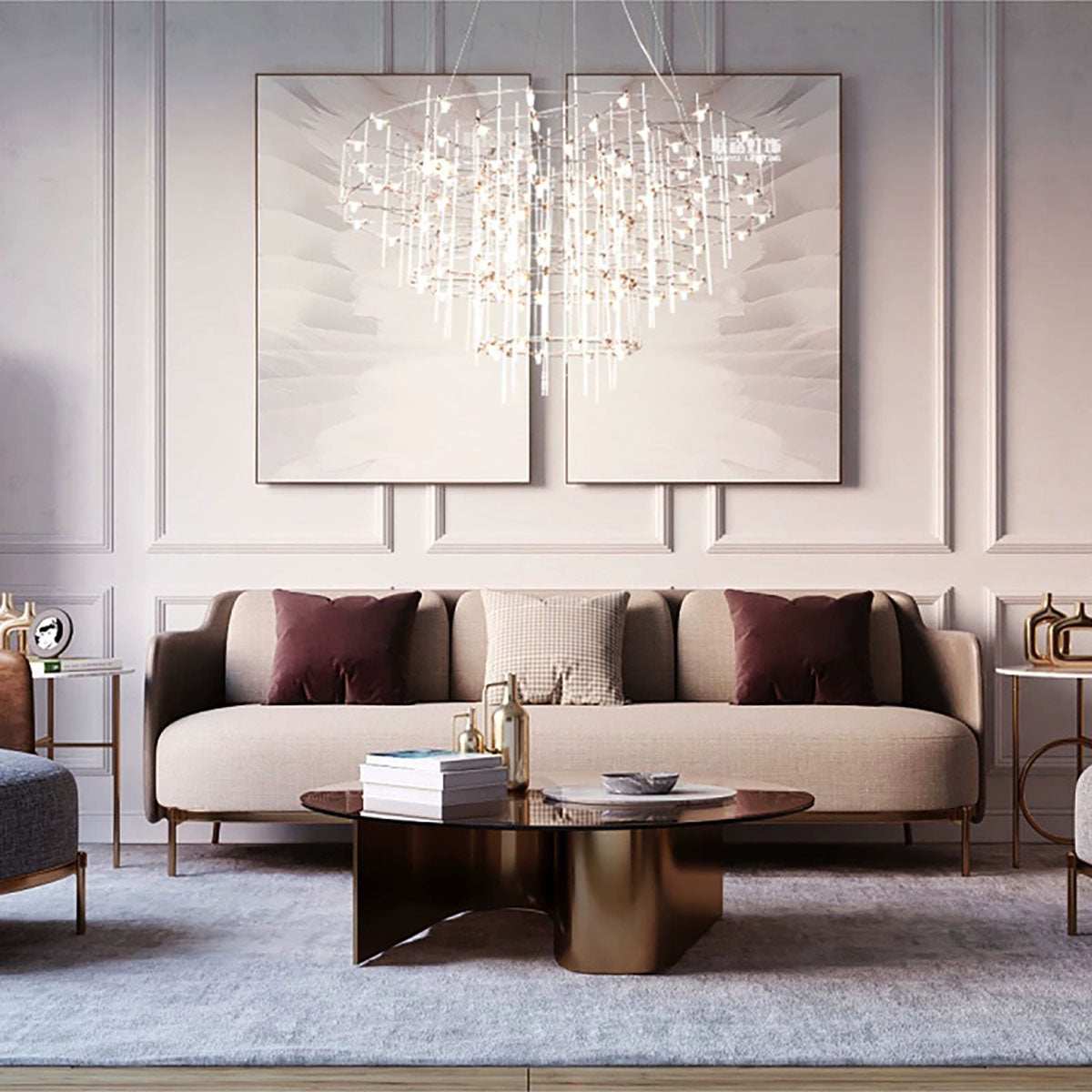 modern starry sky pendant lamp with brushed gold finish in elegant living room setting