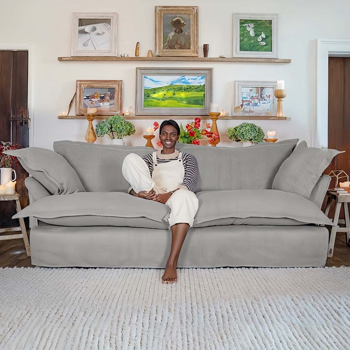 Beige 2-seater Cloud Sofa with down filling and removable washable cover, Nordic Japanese style for small modern apartments