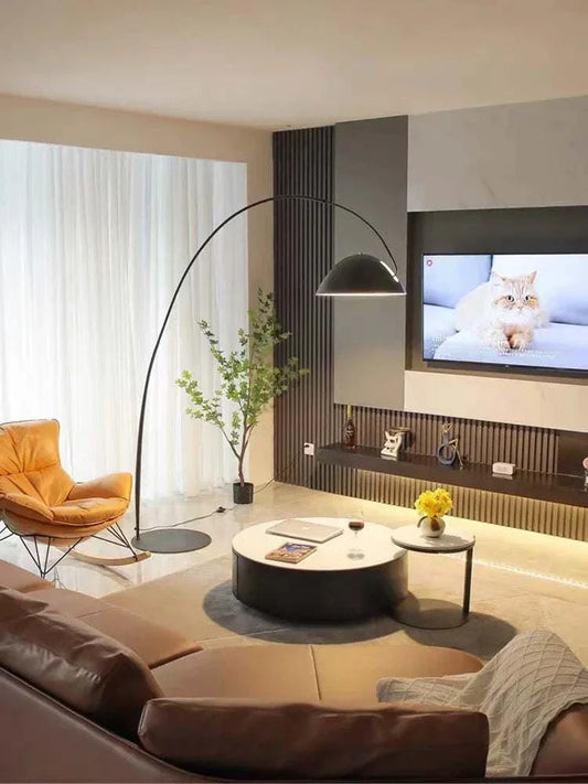 Modern Arc Floor Lamp with black iron arc design and LED light in stylish living room setting