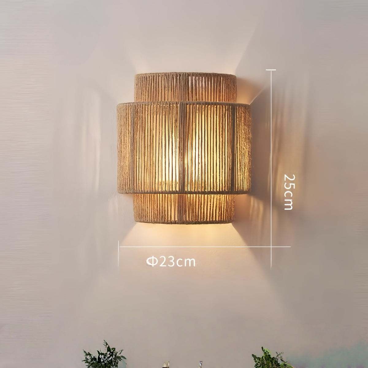 Vintage Wabi-Sabi wall lamp with natural jute rope lampshade, rustic earthy lighting for bedroom and bohemian decor