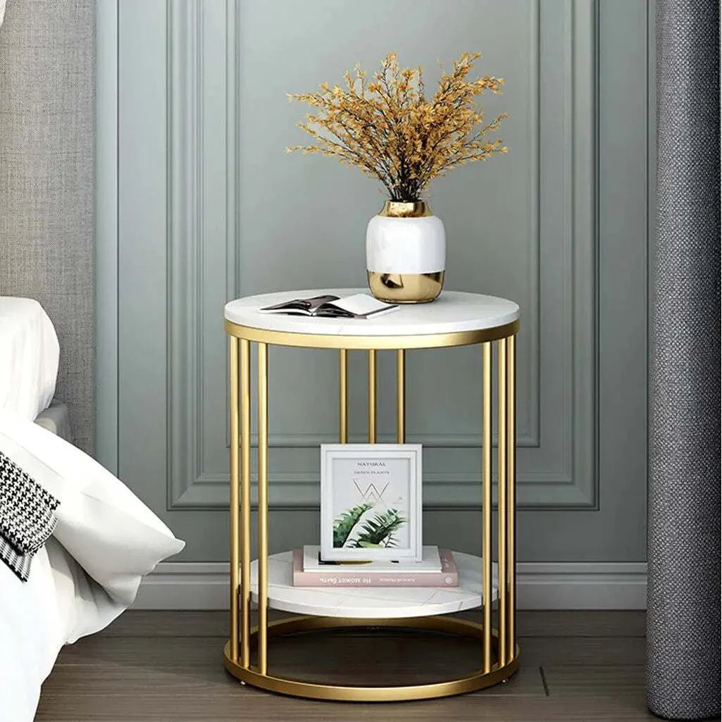 2-tier white marble round sofa side table with golden metal frame in modern living room