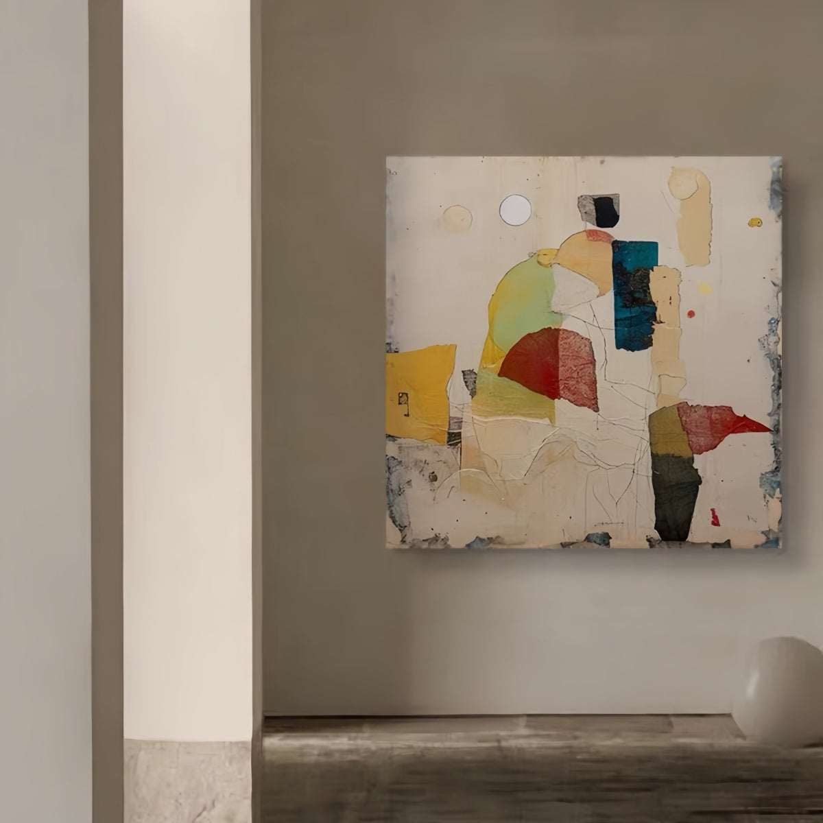 Hand-painted oil painting with Wabi-Sabi abstract style and unique color pairing for decorative wall art