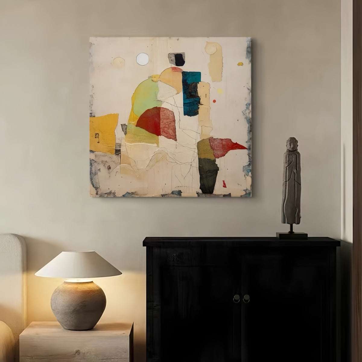 Hand-painted oil painting in Wabi-Sabi style with abstract colorful brushstrokes for decorative wall art