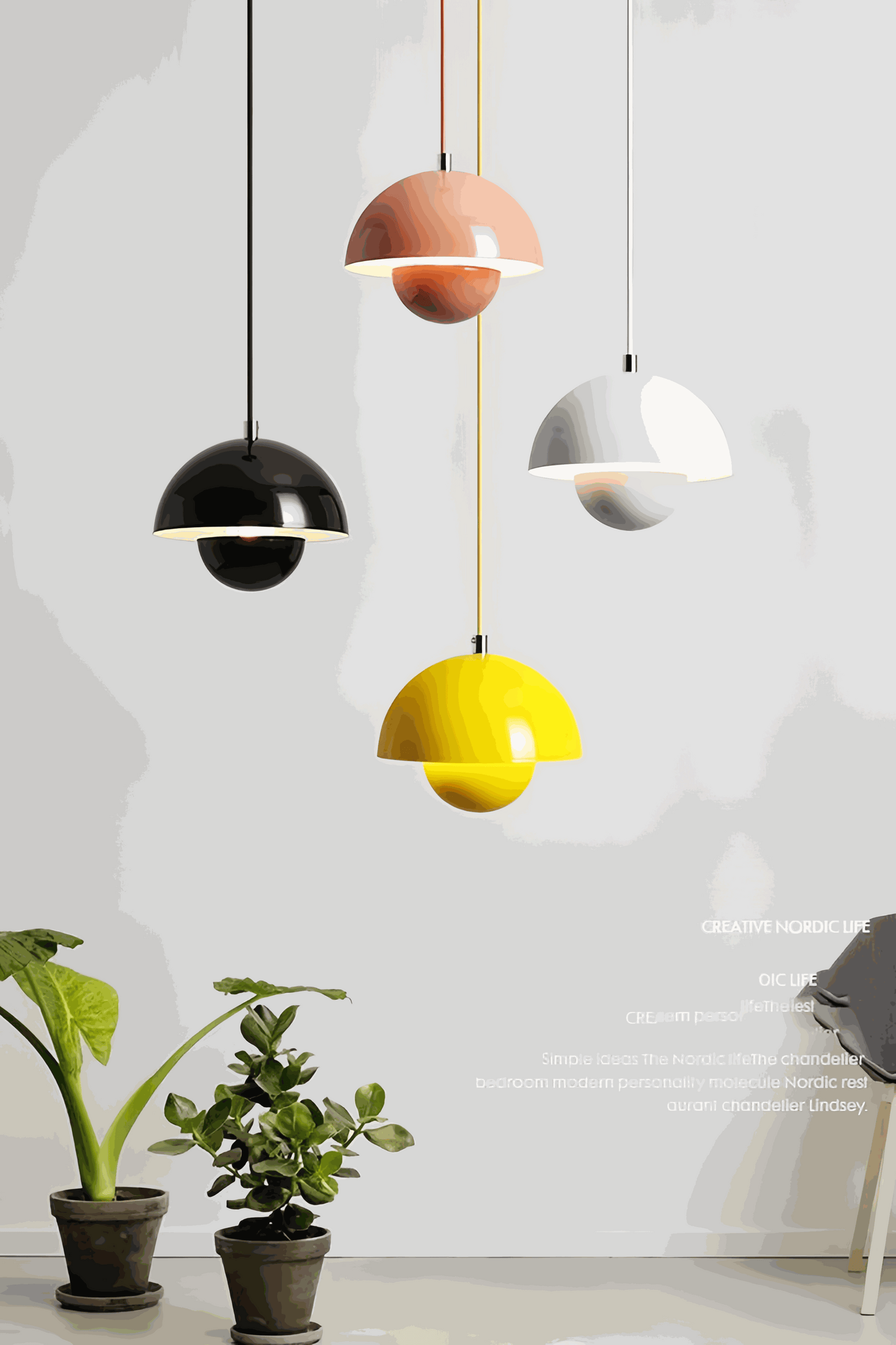Modern Nordic kitchen island pendant lighting in black, pink, white, and yellow mushroom design