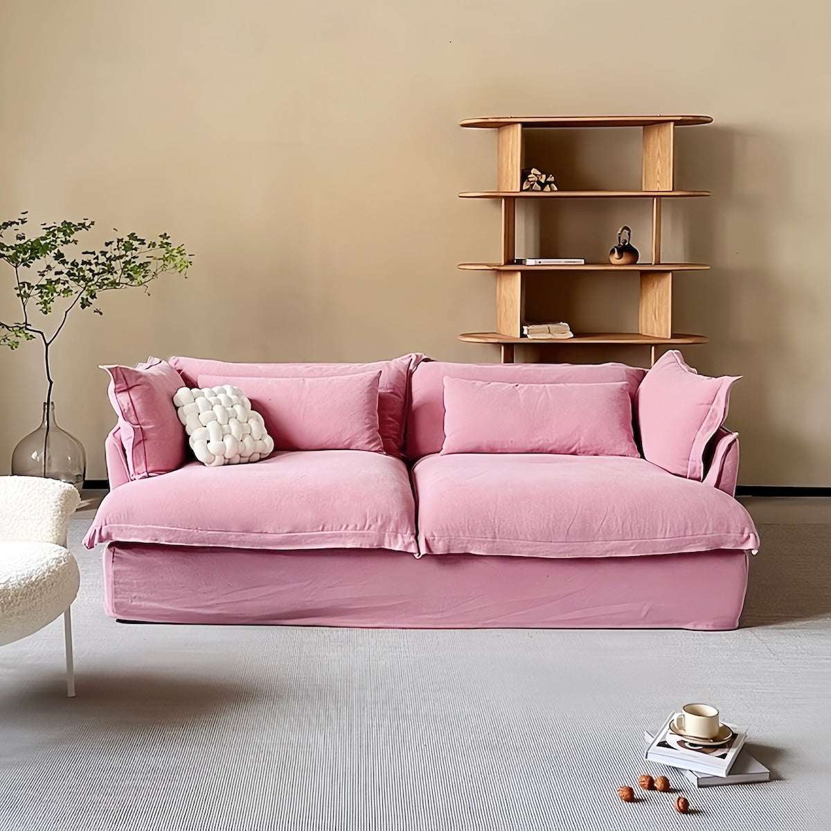 Beige 2-seater washable fabric cloud sofa with down filling in Nordic Japanese style for small modern homes