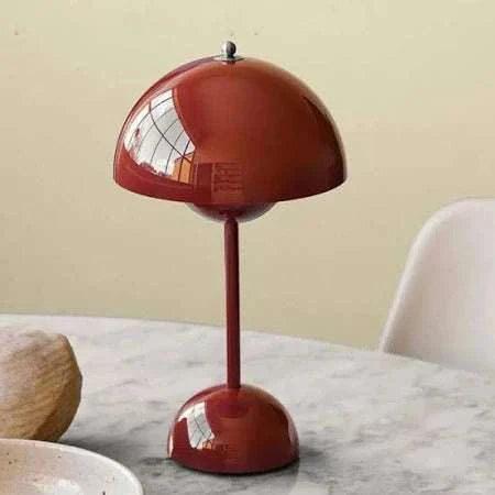 Scandi Table Lamp red mushroom-shaped LED desk lamp with dimmable warm light on marble table