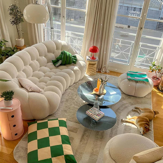 Minimalist cream bubble sofa with natural latex cushions and solid wood frame in French Rochefort style