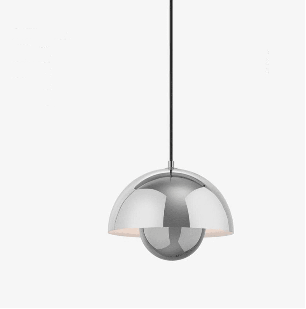 Modern Nordic kitchen island pendant lighting with silver mushroom-shaped iron lampshade and warm LED light