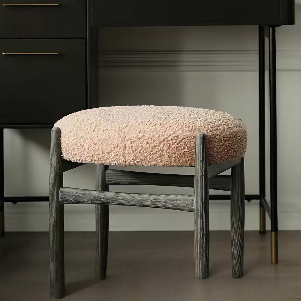 Nordic smoked oak vanity stool with velvet cushion and solid oak legs for bedroom or dressing area
