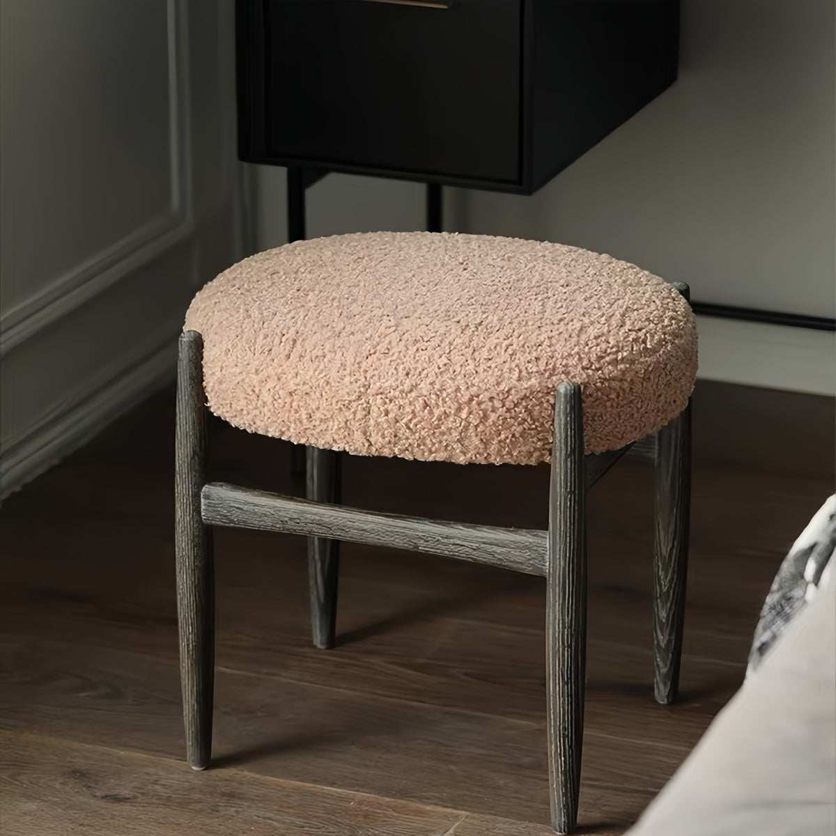 Nordic smoked oak vanity stool with velvet cushion and solid oak legs