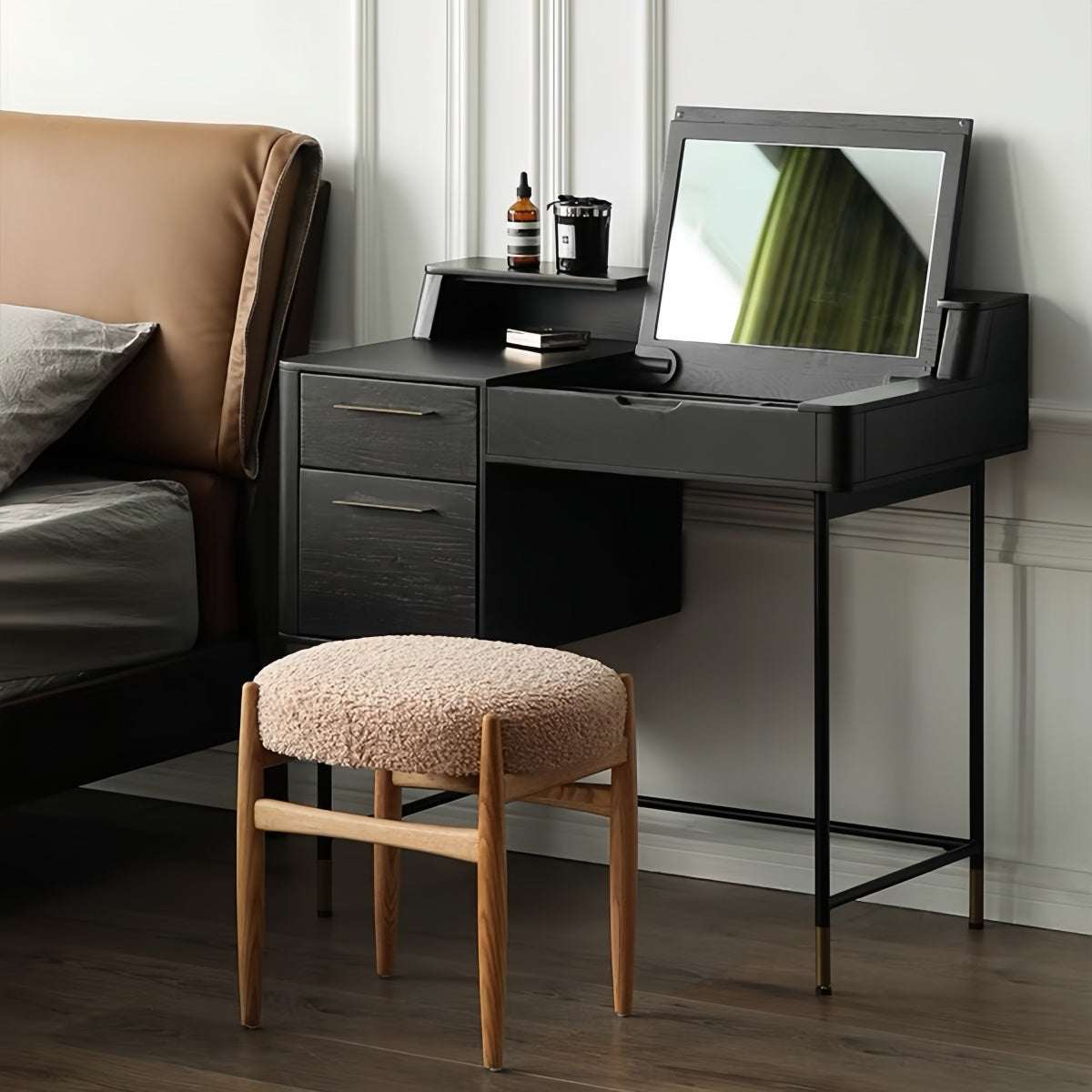 Nordic smoked oak vanity stool with velvet cushion and solid oak legs