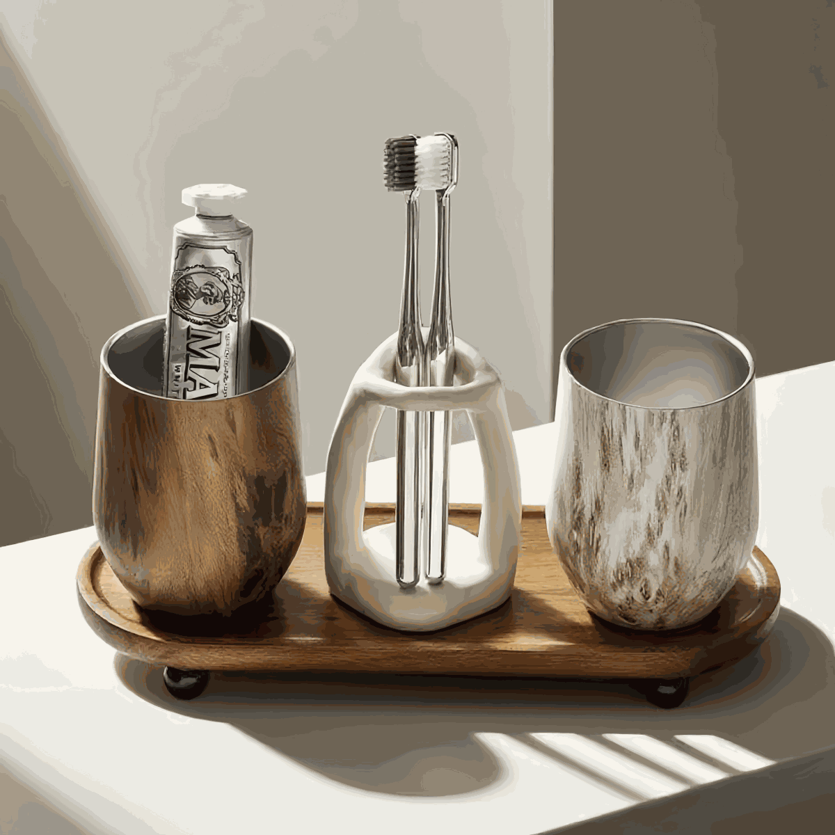 Solid wood toothbrush holder with Nordic vintage design organizing bathroom essentials