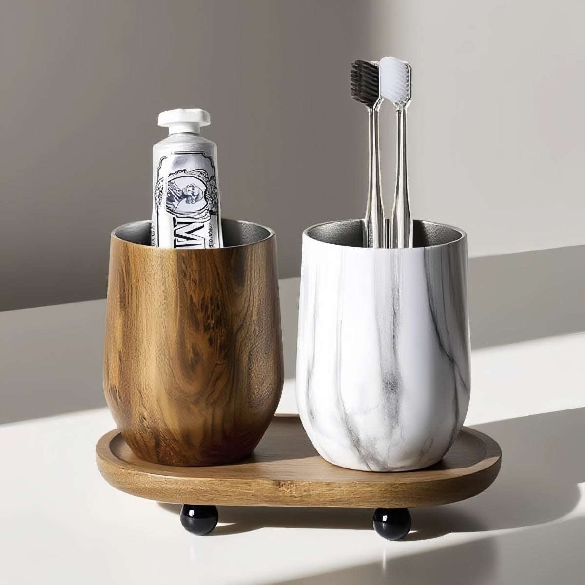 Solid wood toothbrush holder with Nordic vintage design organizing bathroom essentials